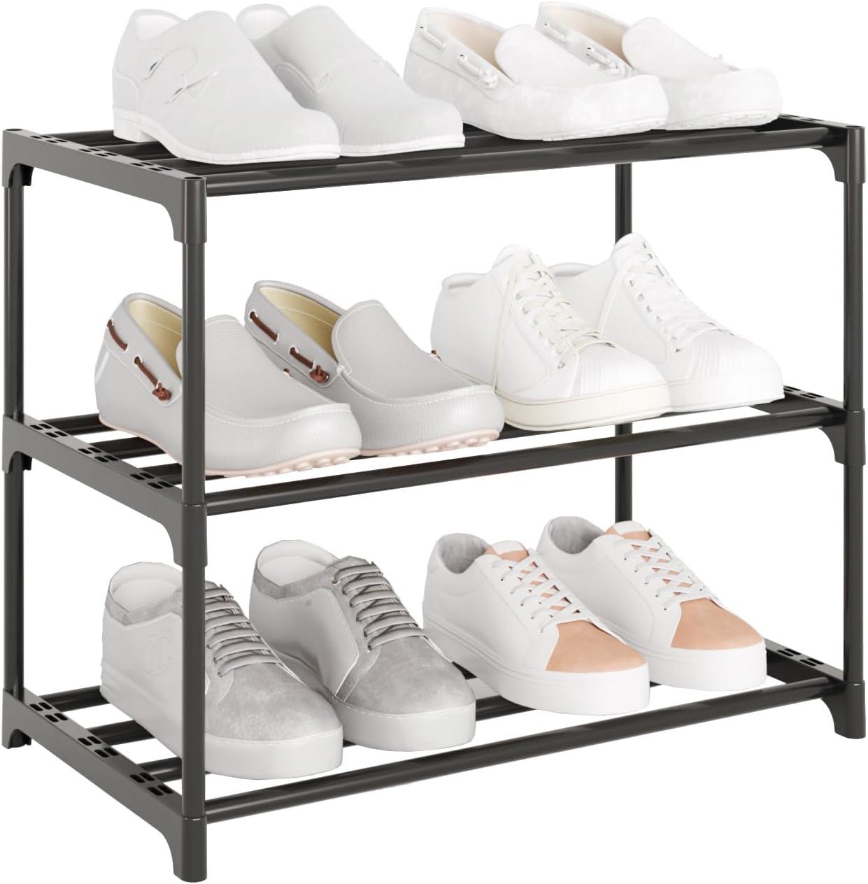 3-Tier Black Stackable Metal and Plastic Shoe Rack