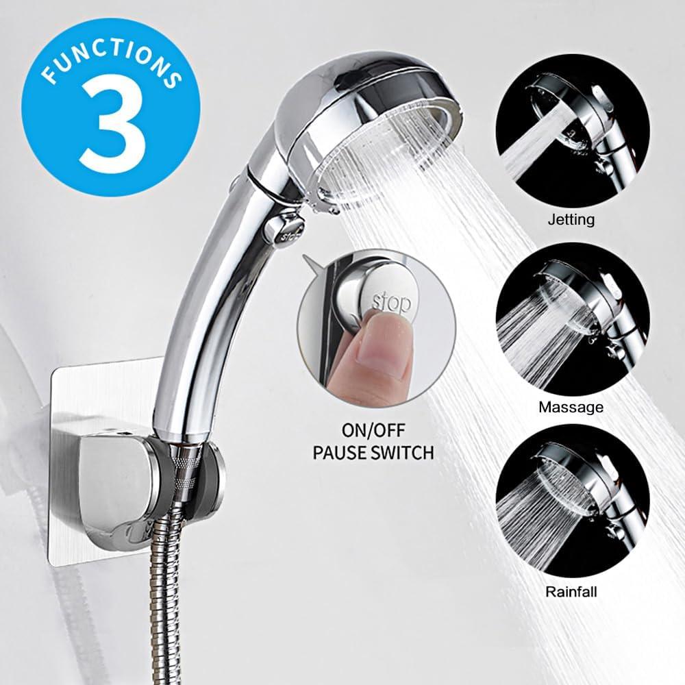 KAIYING Drill-Free High Pressure Handheld Shower Head with ONOFF Pause Switch 3 Spray Modes Water Saving Showerhead Detachable Puppy Shower Accessories (MShower Head (Chrome)+Bracket + Hose)