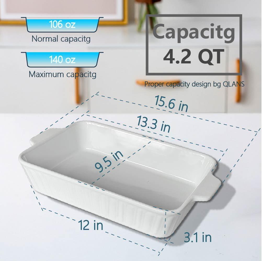 Qlans Casserole Dish, 9x13 Ceramic Baking Dish, Large Lasagna Pan Deep for Oven, 4.2 Quarts Baking Pan with Handles, For baking cake in the kitchen,Mother's Day Gifts, White