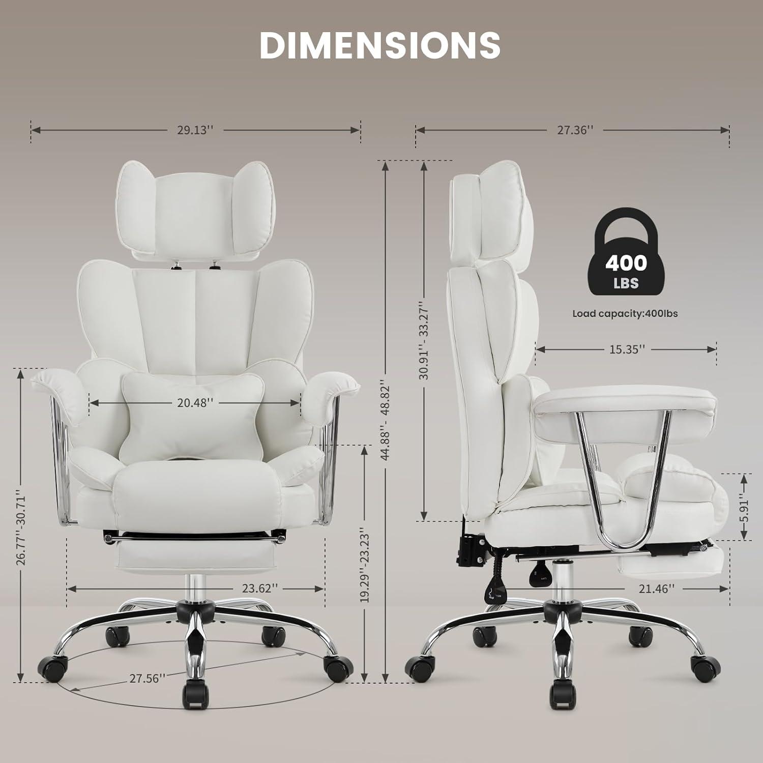 Back PU Leather Office Chair, Big and Tall Executive Desk Chair with Footrest & Lumbar Cushion, Lifting Headrest Ergonomic Computer Chair, Managerial Chair with Wide Seat & Armrests,White