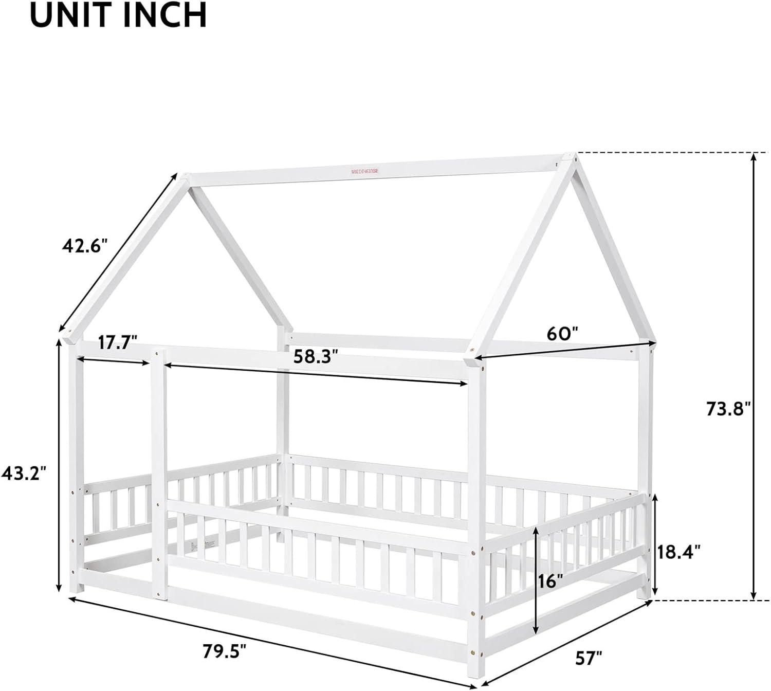 Full Floor Bed for Kids, Wooden House Bed Frame with Roof, Fence Guardrails, Montessori Bed for Toddlers Girl Boys, White