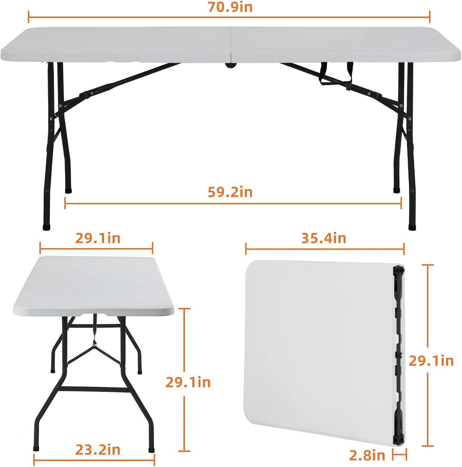 Plainsity 6ft Plastic Folding Table - Portable, Foldable, Heavy Duty Dining Table for Parties, Weddings, BBQs, Camping, Backyard Events - Indoor/Outdoor Utility Table with Carrying Handle White