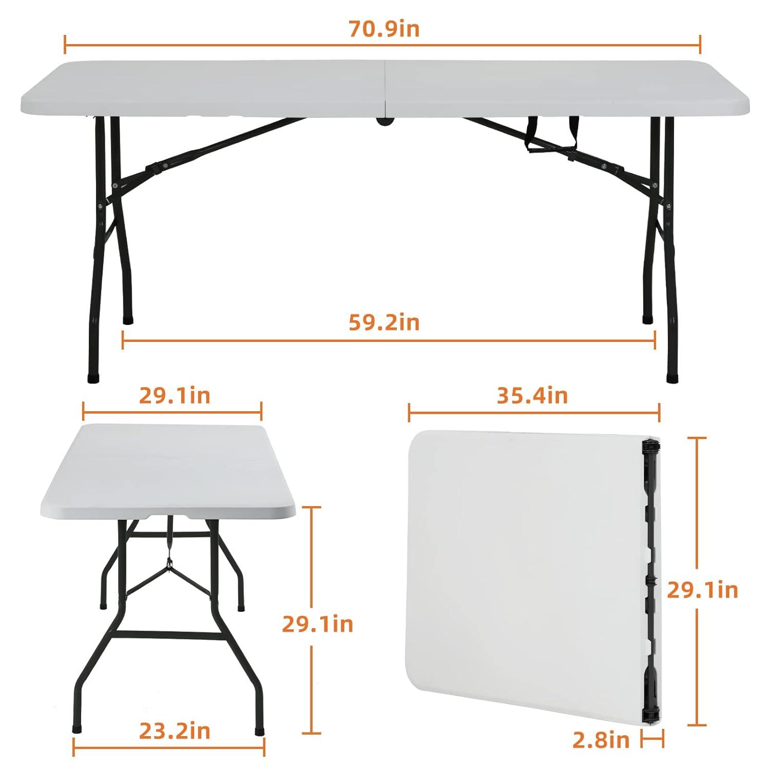 Plainsity Mesa Plegable de Plástico de 6 Pies - Mesa de Comedor Portátil, Plegable y Resistente para Fiestas, Bodas, BBQ, Camping, Eventos en el Patio Trasero - Mesa Utilitaria para Interiores/exteriores con Asa de Transporte Blanca