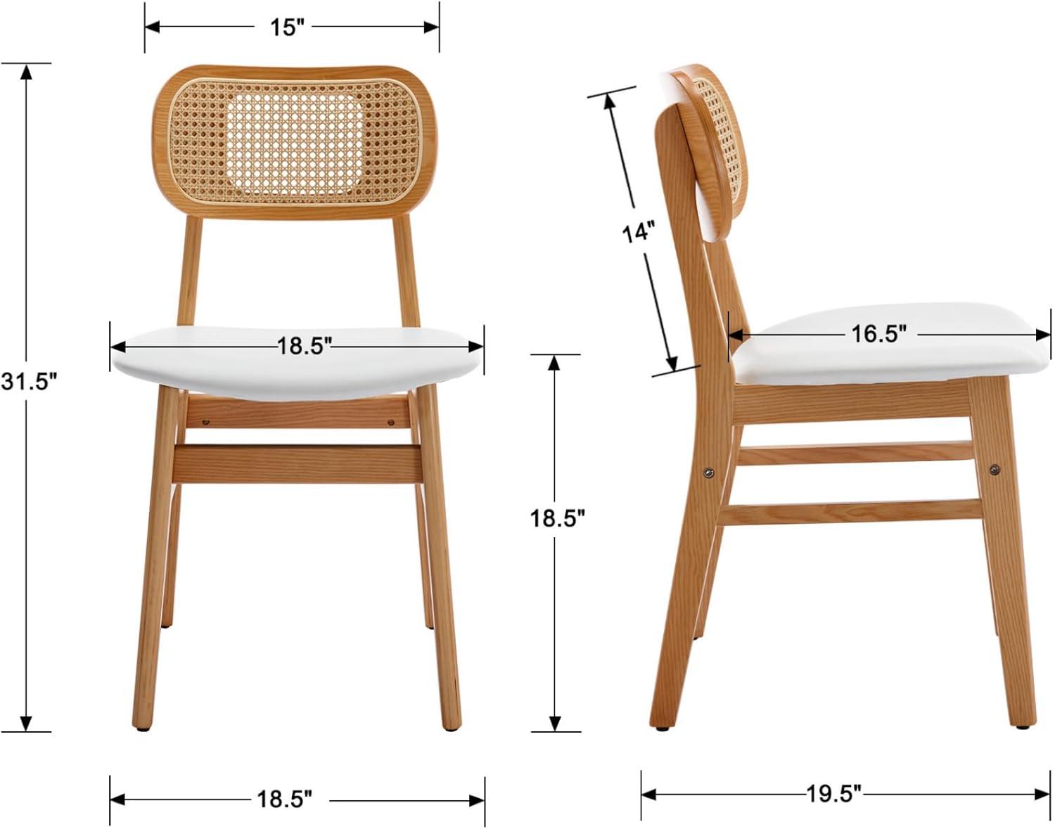 Upholstered Faux Leather Seat Rattan Back Dining Chair, Solid Wood Frame Side Chair For Living Room