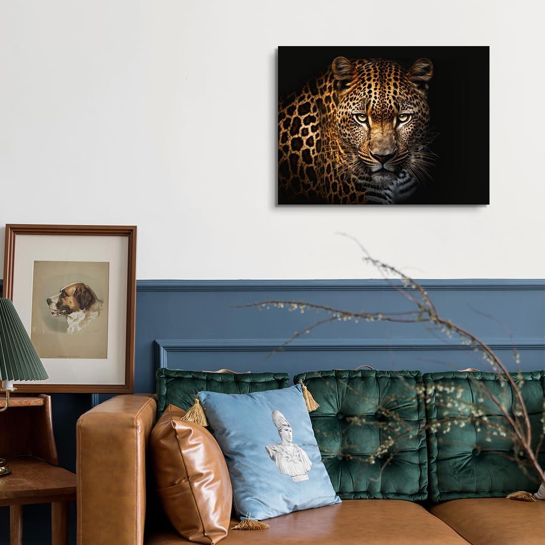 Leopard Canvas Prints Black Background Golden Wildlife Animal Leopard Wall Art Cheetah Pictures Artwork for Bathroom Bedroom Office Living Room Hallway Paintings Decorations Ready to Hang 12x16"