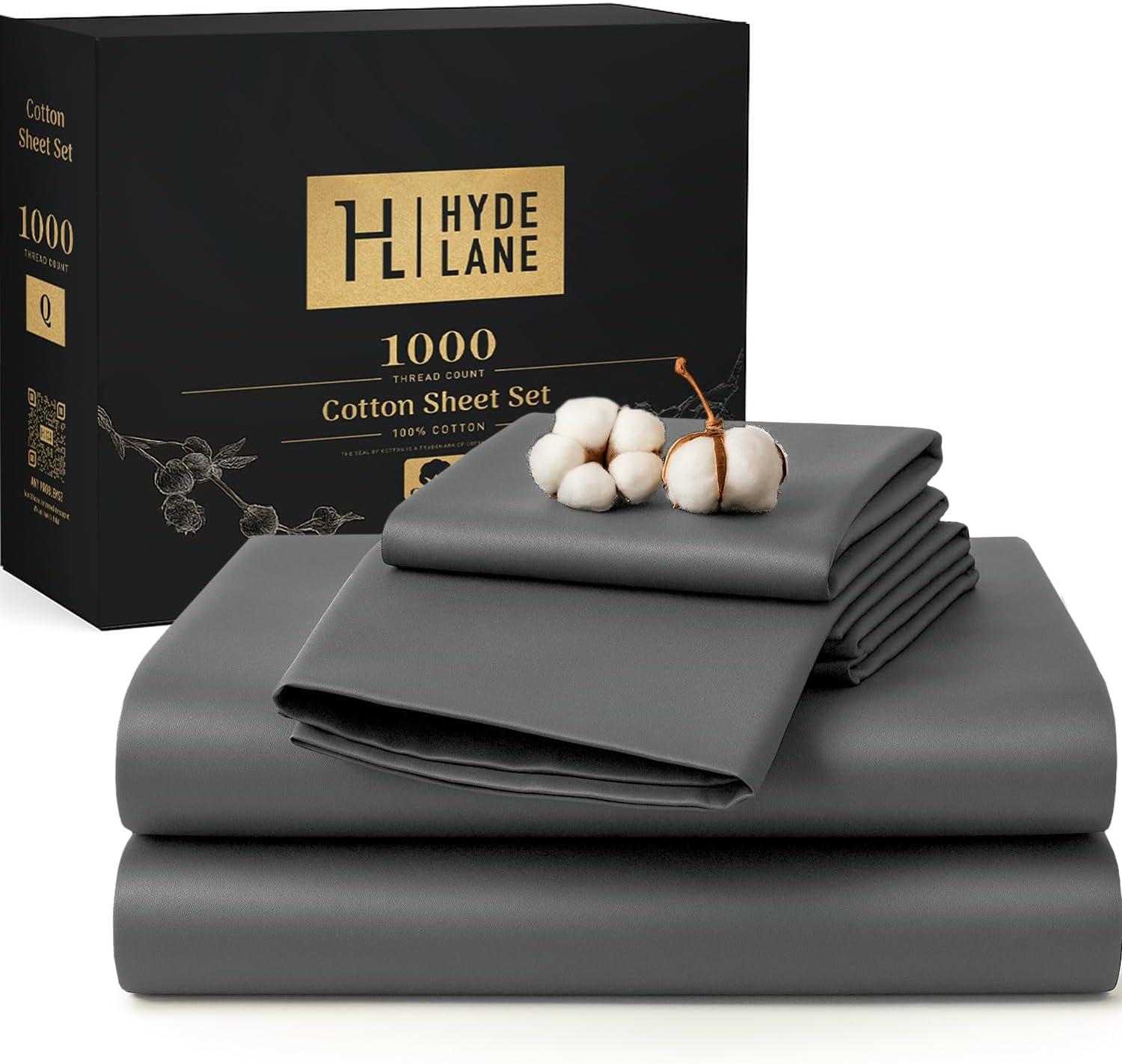 Hyde Lane Luxury 1000 Thread Count 100% Cotton Sheets | Very Soft & Thick - Fits Upto 20" Mattress | Sateen Weave Bed Sheets 18" Deep Pocket- 4 PC Sheet Set (Grey, California King)