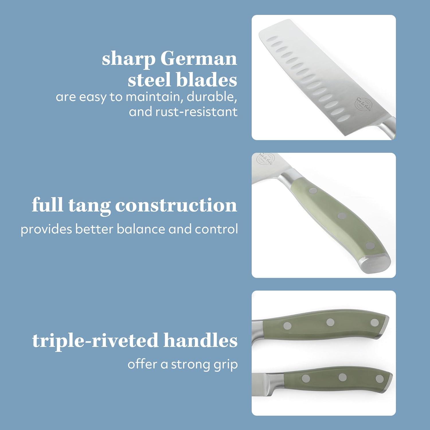 Sur La Table Kitchen Essentials Sur La Table Kitchen Essentials 5 Piece German Steel Blade With Triple Riveted Handle Set on Beechwood Magentic Block - Juniper Green