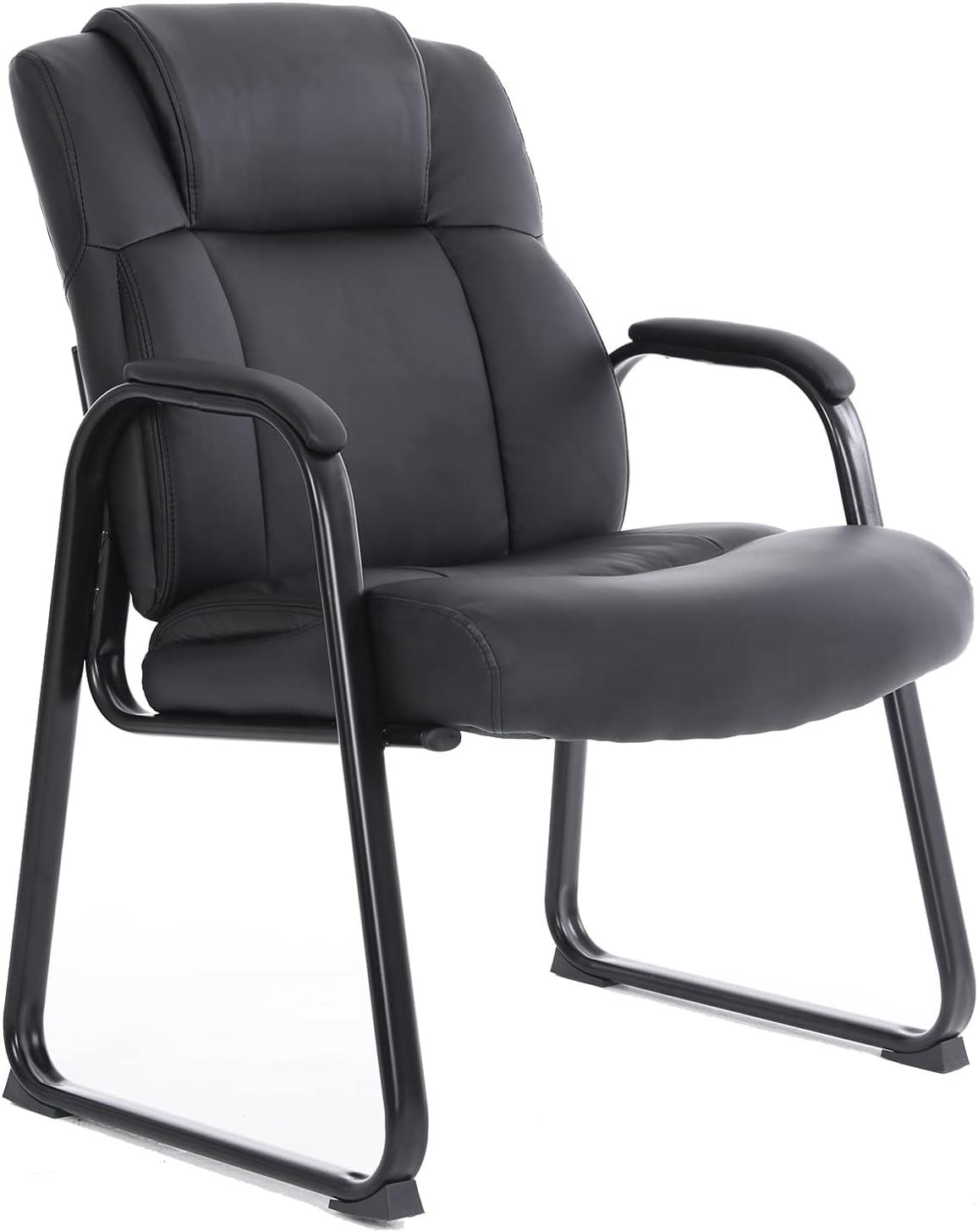 Black Leather Guest Chair with Metal Frame and Padded Armrests