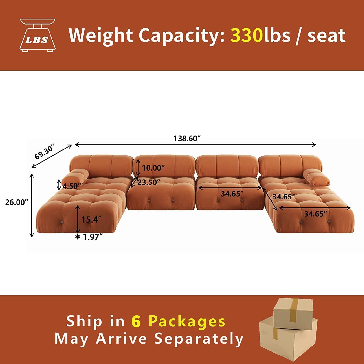 138'' Orange Velvet U-Shaped Sectional Sofa with Ottoman