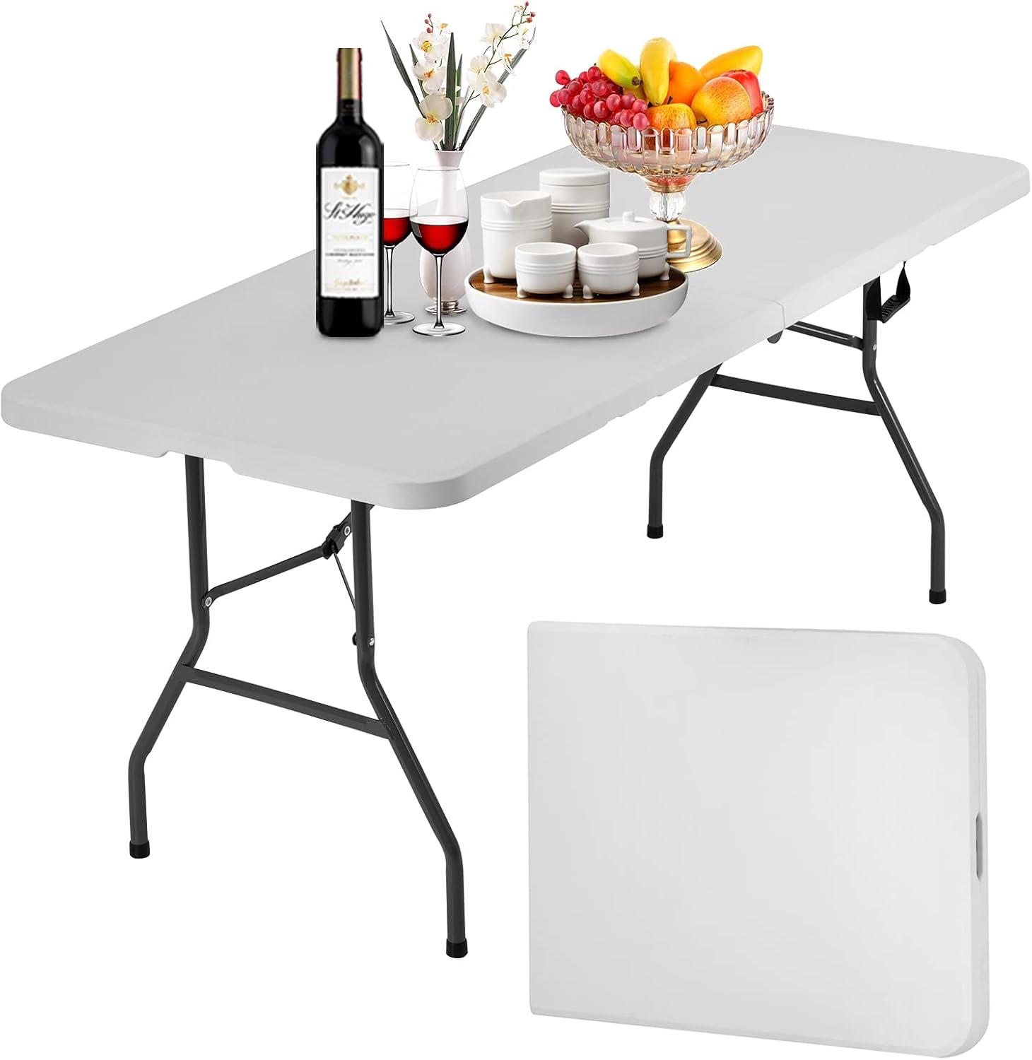 Folding Table 6 Foot Indoor Outdoor Heavy Duty Plastic Portable Fold Up Table Utility Camping Dining Party Table, Easy to Assemble, White