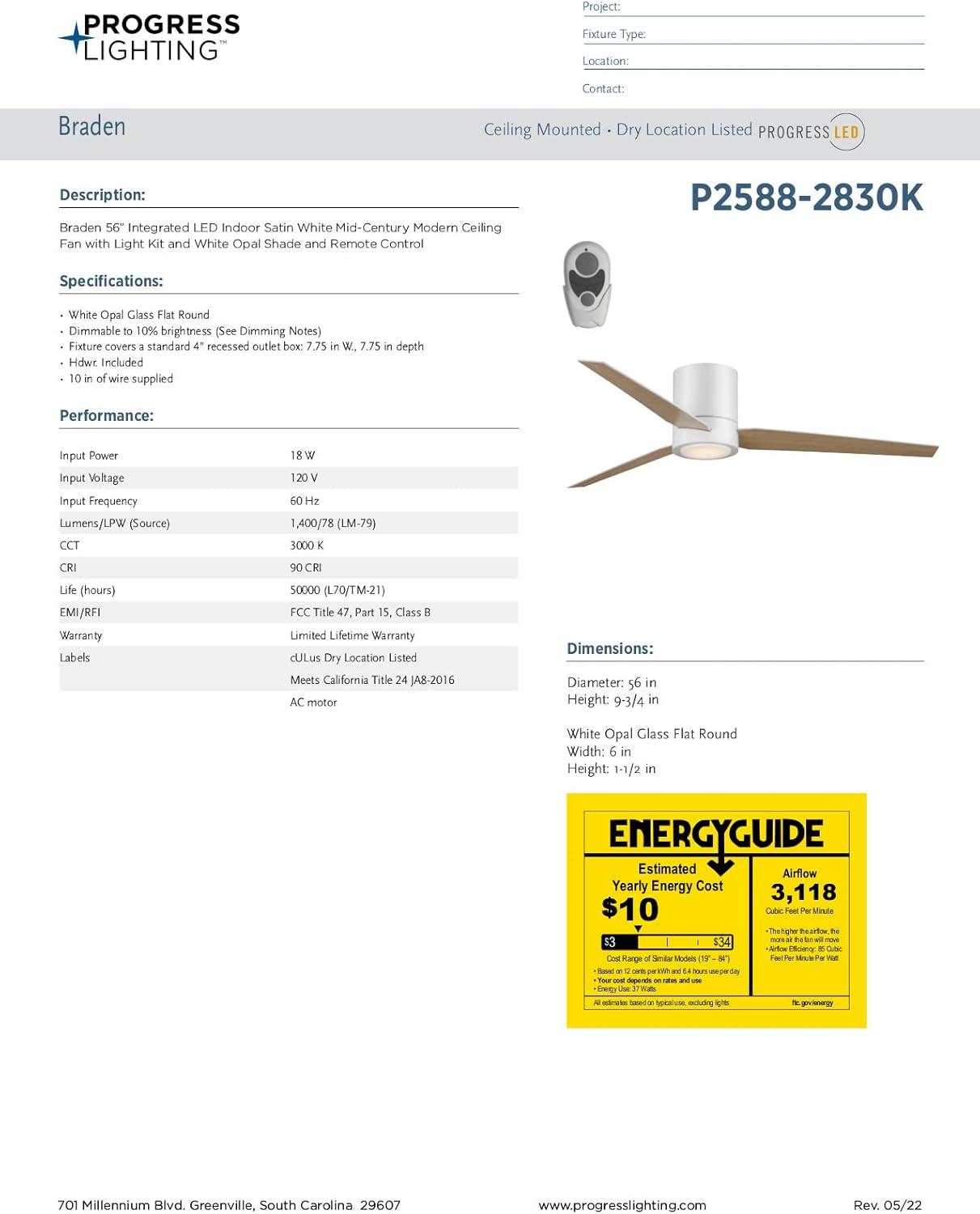 Braden 56" Integrated LED Indoor Satin White Mid-Century Modern Ceiling Fan with Light Kit and White Opal Shade and Remote Control