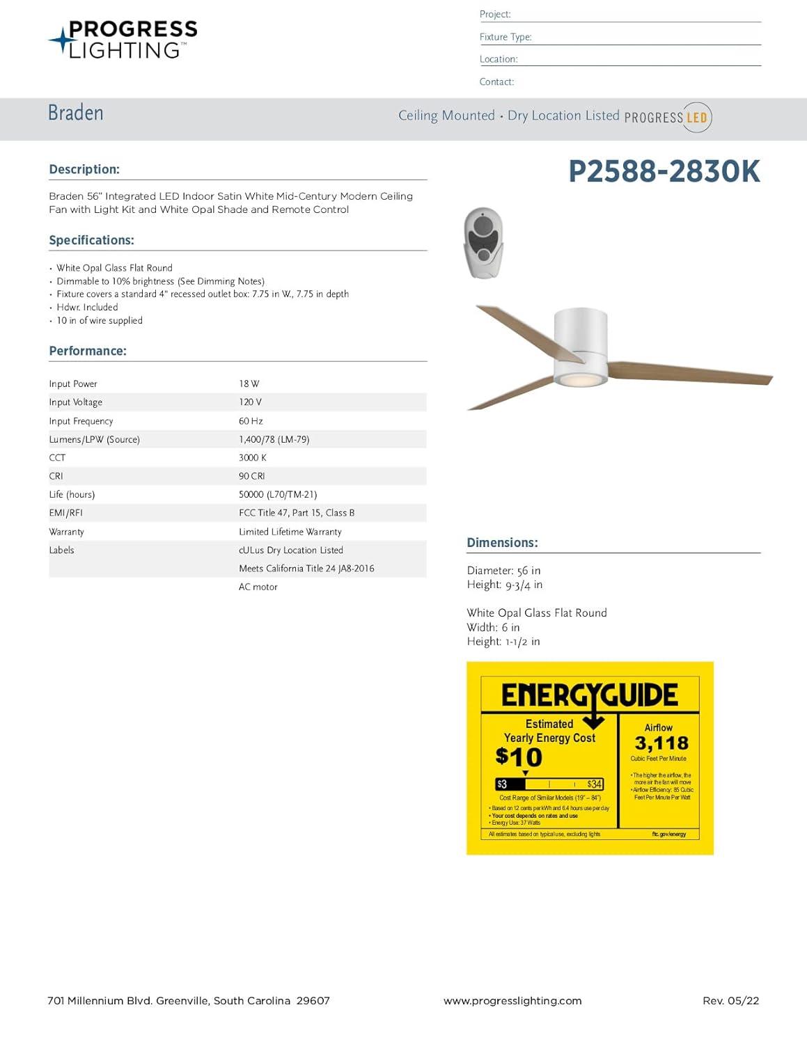 Braden 56" Integrated LED Indoor Satin White Mid-Century Modern Ceiling Fan with Light Kit and White Opal Shade and Remote Control