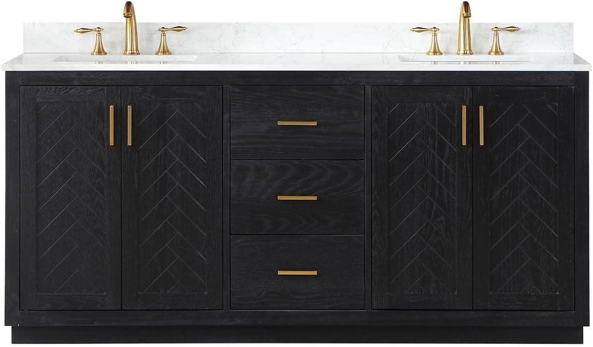 Gazsi 72" Double Bathroom Vanity Set in Black Oak with Grain White Composite Stone Countertop Without Mirror