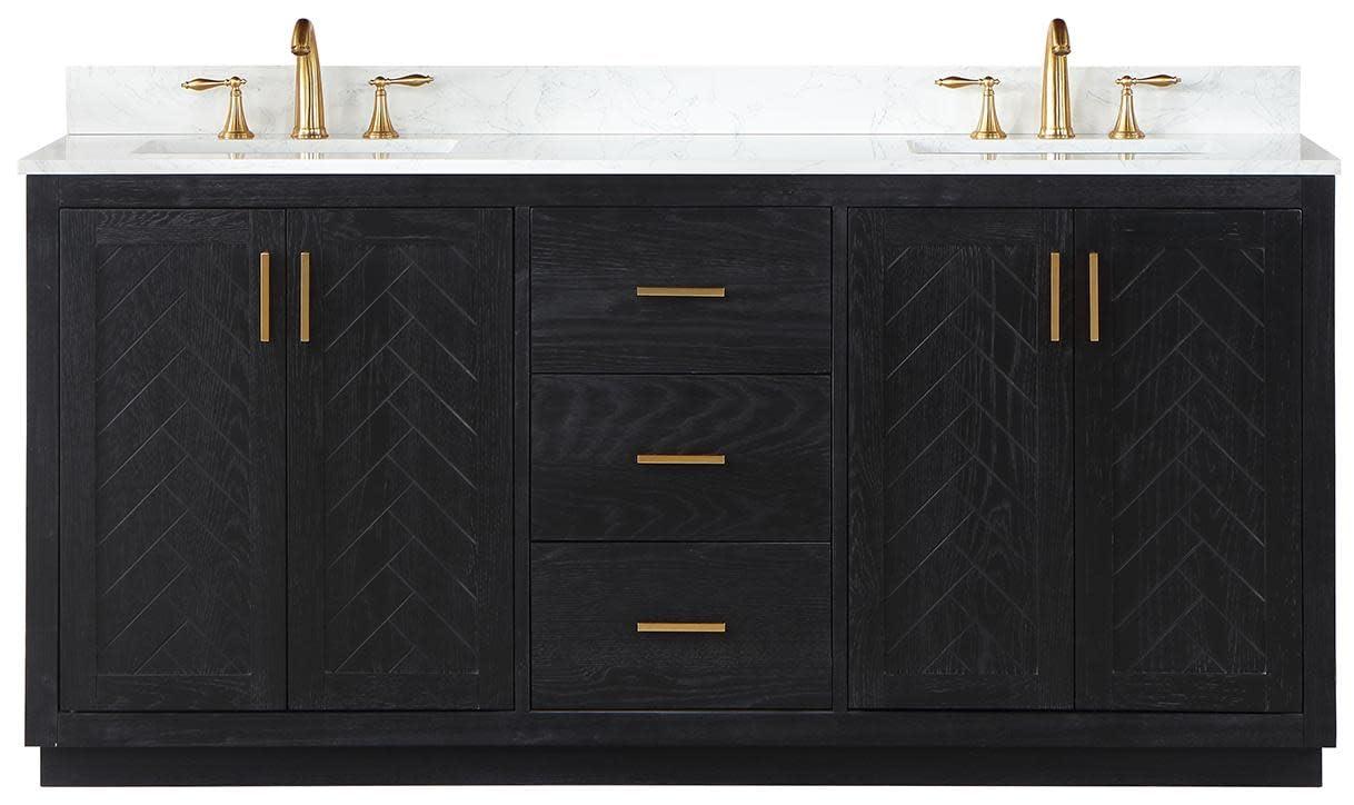 Gazsi 72" Double Bathroom Vanity Set in Black Oak with Grain White Composite Stone Countertop Without Mirror