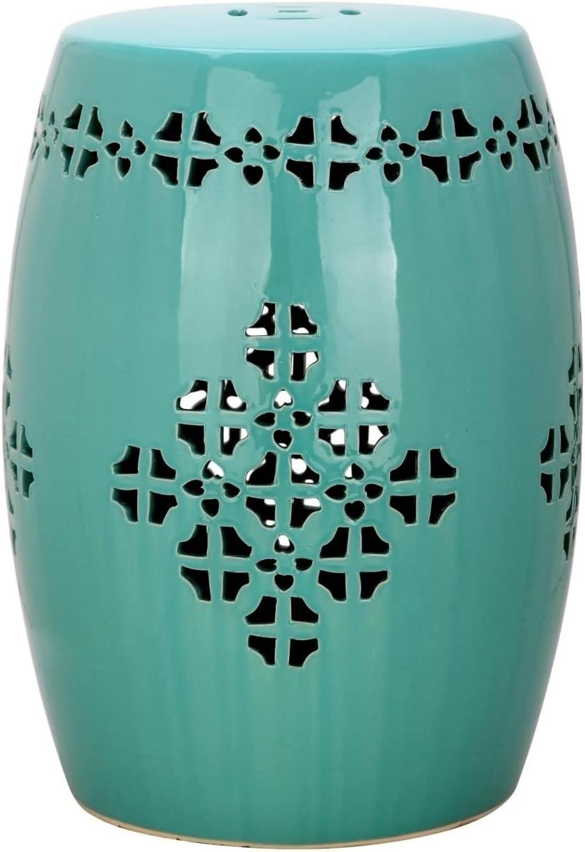 Boho-Chic Aqua Quatrefoil Ceramic Garden Stool, 14"x18"