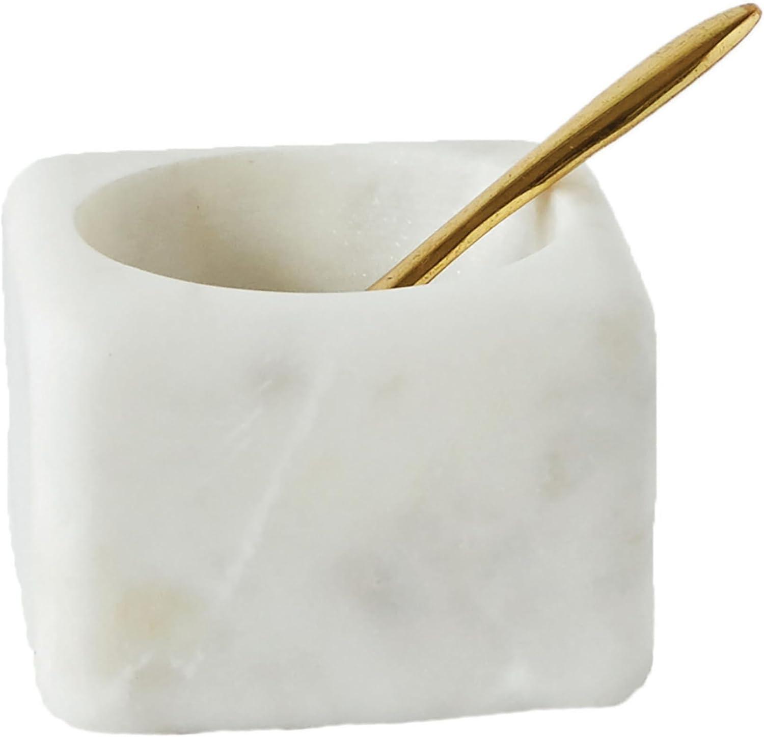 Creative Co-Op Square White Marble Bowl with Brass Spoon (Set of 2 Pieces)