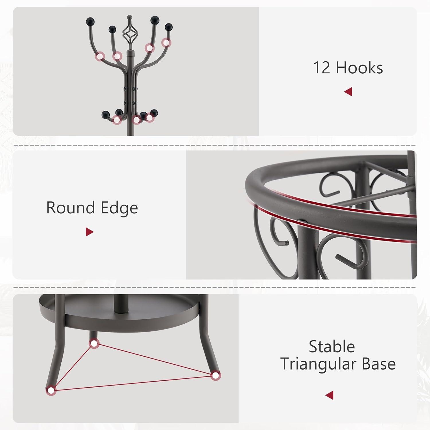 Tajsoon Coat Rack Stand with Umbrella Holder, Freestanding Coat Hanger Stand with Umbrella Stand, Entryway Coat Rack with 12 Hooks to Hold Clothes, Coat Tree for Living Room Bedroom Office, Grey