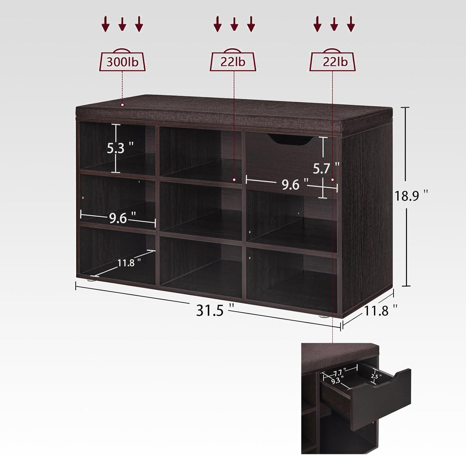 Shoe Rack Bench with Cushion 15-Cube Storage Bench Storage Cabinet for Entryway Espresso