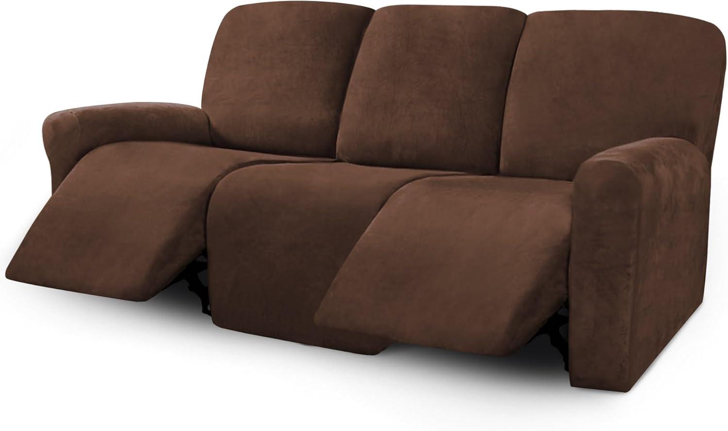 ULTICOR Velvet 8-Pieces Recliner Sofa Covers Stretch Reclining Couch Covers for 3 Cushion Reclining Sofa Slipcovers Furniture Covers Thick Soft Washable (3 Seater Recliner Cover, Chocolate) 3 Seater Recliner Cover Chocolate