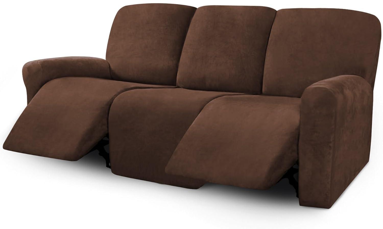 ULTICOR Velvet 8-Pieces Recliner Sofa Covers Stretch Reclining Couch Covers for 3 Cushion Reclining Sofa Slipcovers Furniture Covers Thick Soft Washable (3 Seater Recliner Cover, Chocolate) 3 Seater Recliner Cover Chocolate