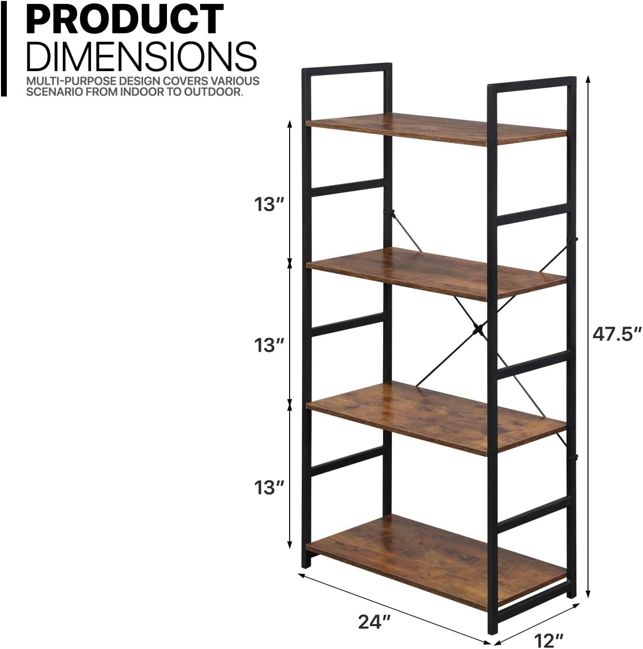 MoNiBloom 4 Shelves Industrial Bookcase, Open Back Metal Bookshelf Storage Display Rustic Shelf, for Home Office, Brown