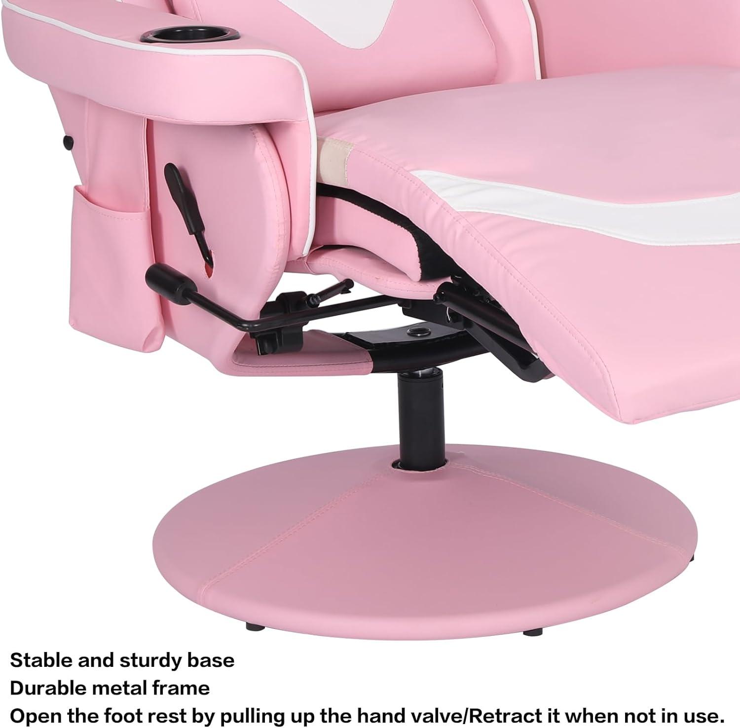 Queen Throne Video Gaming Chair Ergonomic Recliner Racing Chair, High Back Swivel Chair with Footrest and Adjustable Backrest, Lumbar Support, Headrest and Cupholders, Pink White