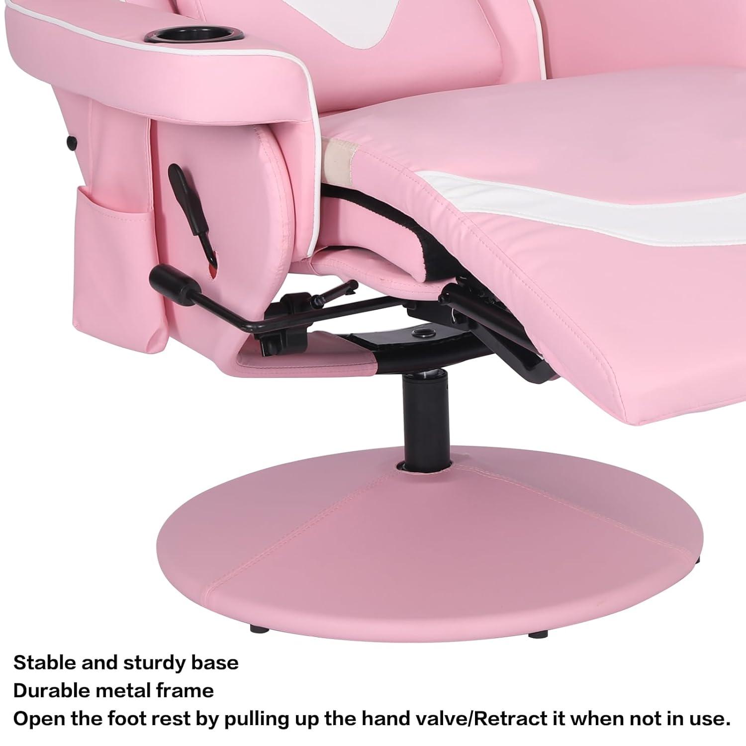 Queen Throne Video Gaming Chair Ergonomic Recliner Racing Chair, High Back Swivel Chair with Footrest and Adjustable Backrest, Lumbar Support, Headrest and Cupholders, Pink White