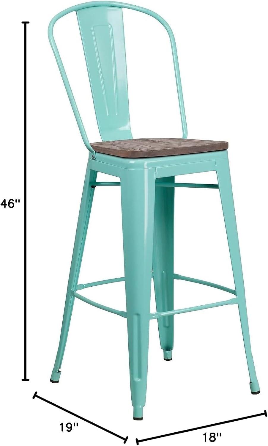 Flash Furniture 30" High Mint Green Metal Barstool with Back and Wood Seat