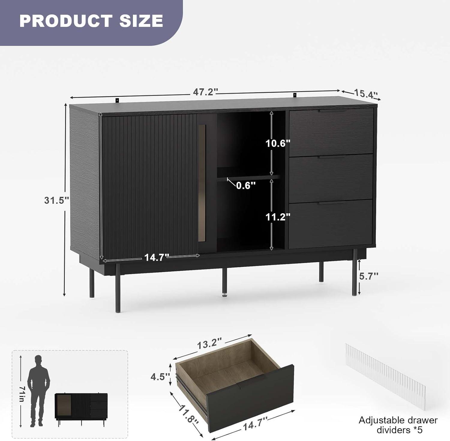 Ebern Designs Ebern Designs Sideboard Anetha, 47" X 31.5" Buffet Anetha With Storage, Black Sideboard With 2 Sliding Doors & 3 Drawers, Wood Coffee Bar Entryway Storage For Living Room