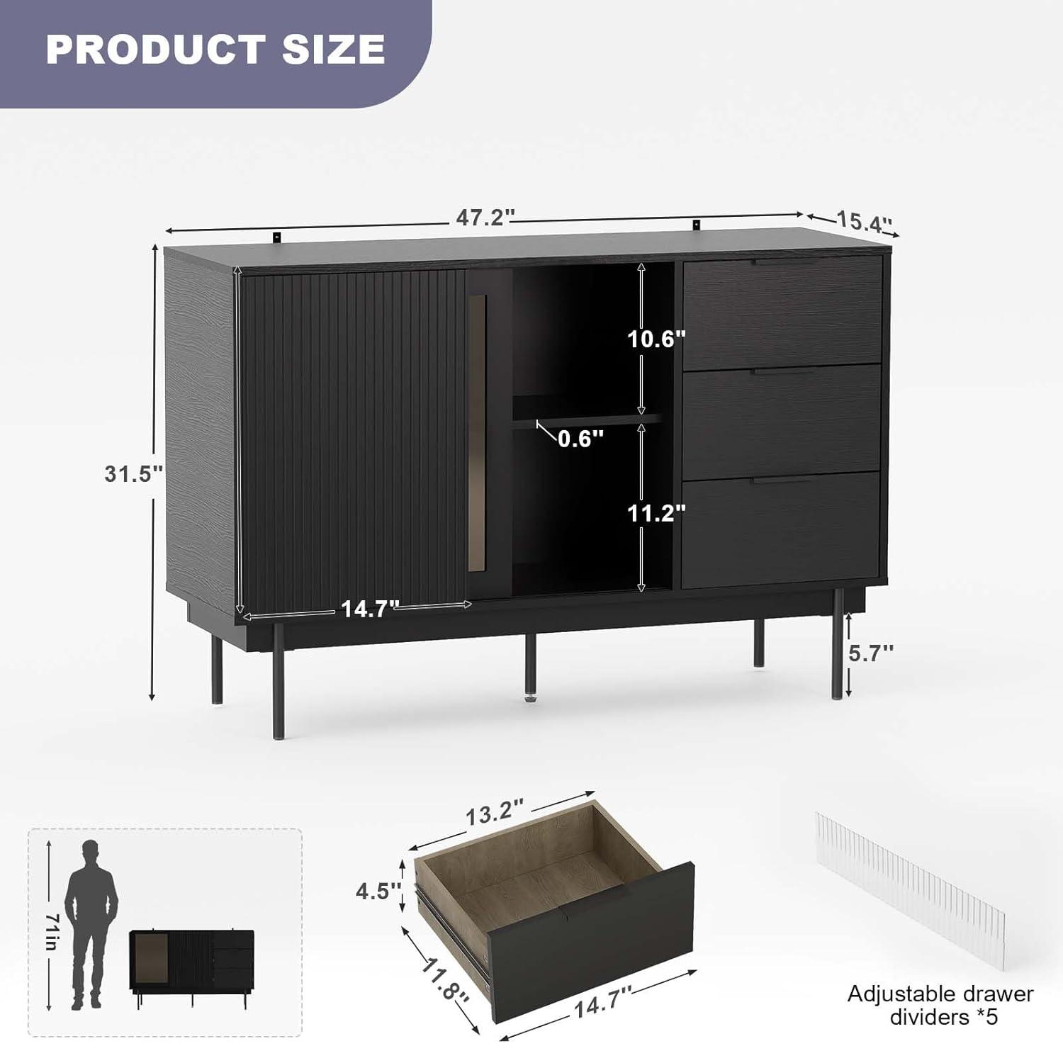 Ebern Designs Ebern Designs Sideboard Anetha, 47" X 31.5" Buffet Anetha With Storage, Black Sideboard With 2 Sliding Doors & 3 Drawers, Wood Coffee Bar Entryway Storage For Living Room