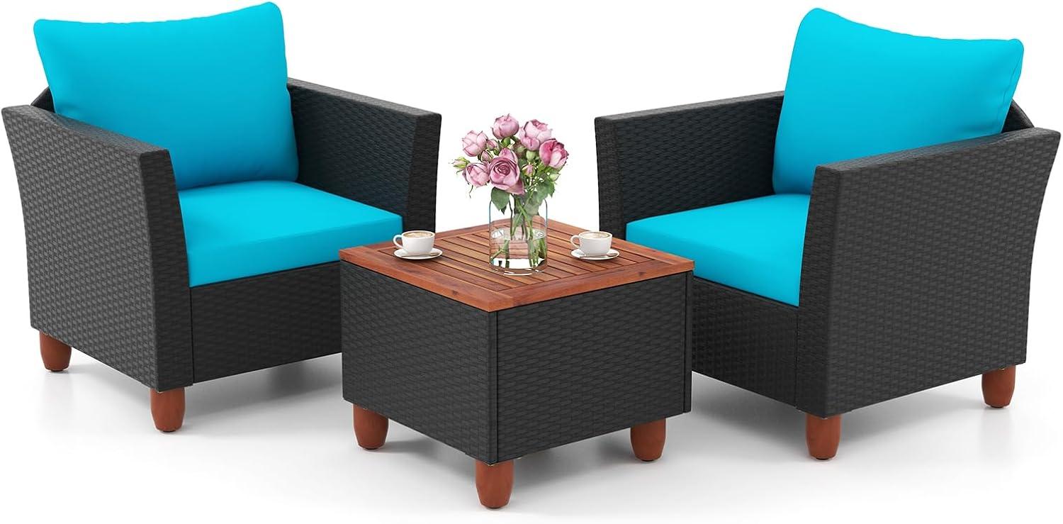 Tangkula 3PCS Patio Rattan Conversation Set Outdoor Furniture Set w/ Turquoise Cushions