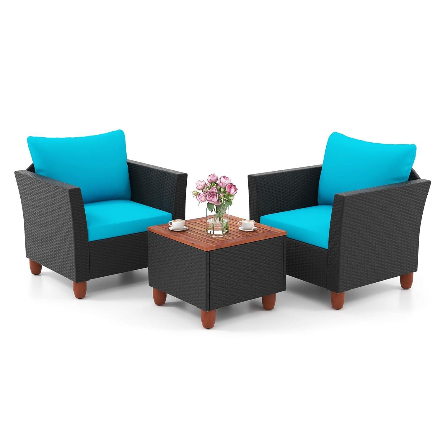 Tangkula 3PCS Patio Rattan Conversation Set Outdoor Furniture Set w/ Turquoise Cushions