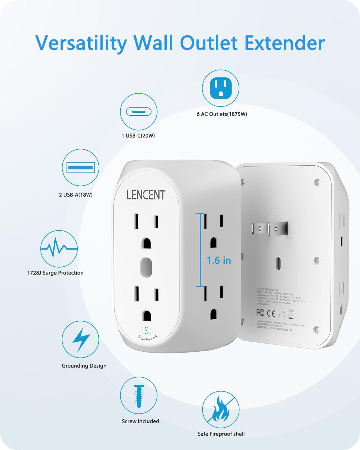 LENCENT 2 Prong Power Strip,3 to 2 Prong Grounding Outlet Adapter 6 Outlet PD20W &2 USB A Port,1728J Surge Protector, 3-Sided Wide Spaced Extender, Polarized Plug,Wall Mount for Non-Grounded Outlet