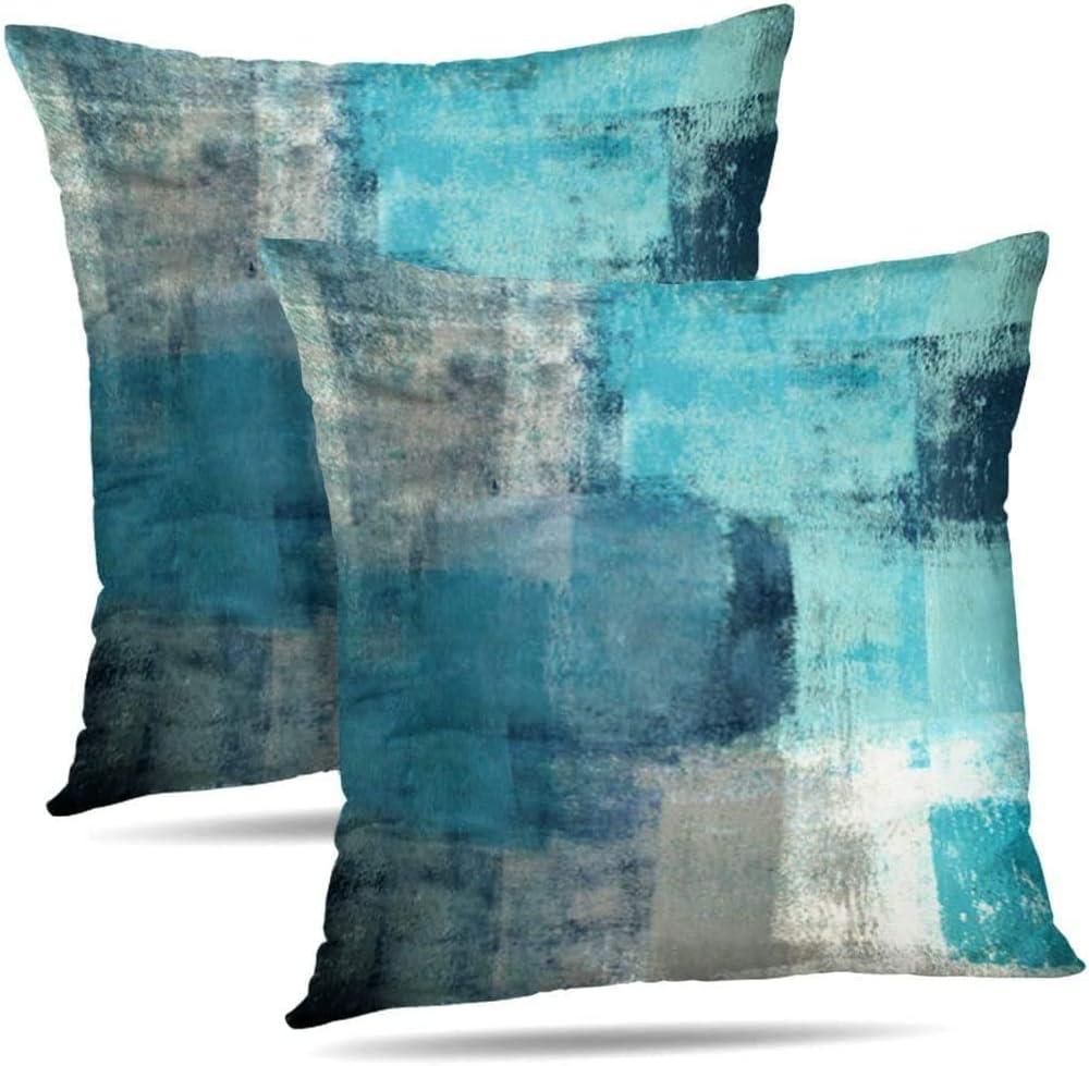 Set of 2 Teal and Grey Cotton Polyester Throw Pillow Covers