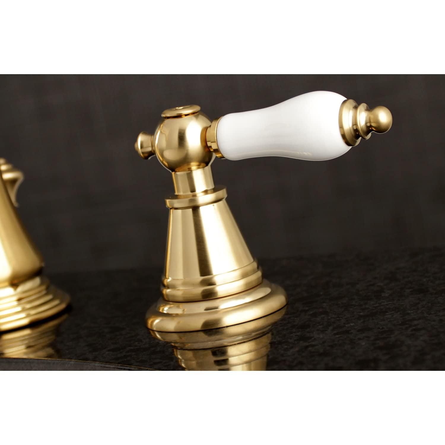 Kingston Brass English Classic Two-Handle 3-Hole Deck Mount Widespread Bathroom Faucet with Brass Pop-Up Drain