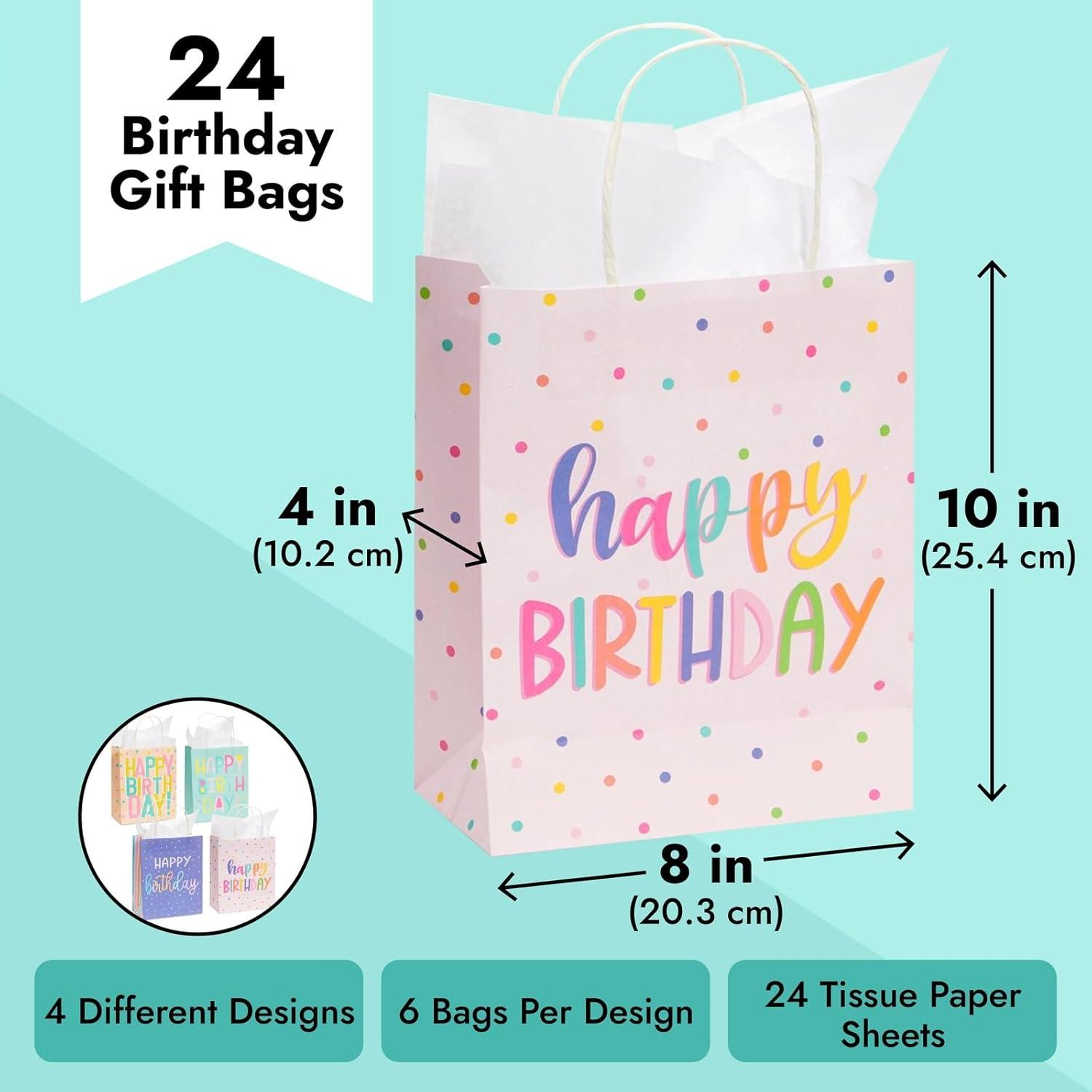 Sparkle and Bash 24 Pack 8 x 10 x 4 Inch Happy Birthday Gift Bags with Handles and 24 Sheets White Tissue Paper, 4 Pastel Colors