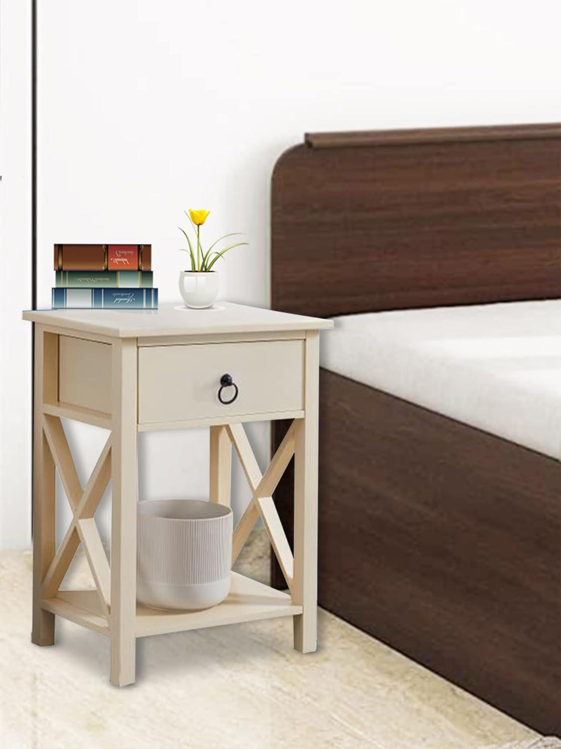 Cream Solid Wood Nightstand with Drawer and Shelf