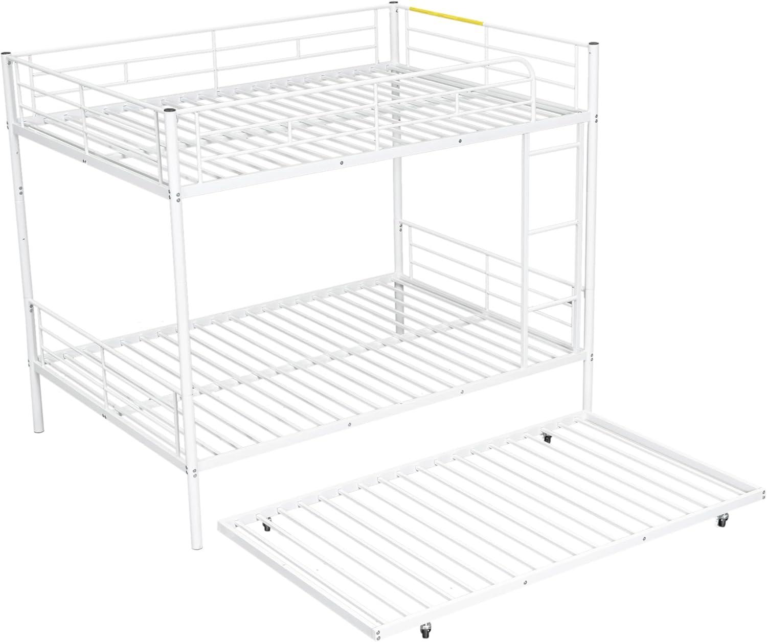 Harper & Bright Designs Full Over Full Metal Bunk Bed with Trundle, Ladder & High Guardrail, Able to Split, Noise Free, Heavy-Duty Steel Loft Bed Frame with Safety Rail for Bedroom, Dorm (White)