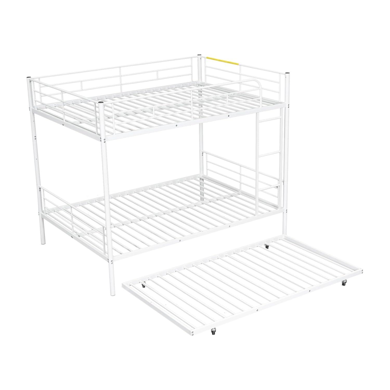 Harper & Bright Designs Full Over Full Metal Bunk Bed with Trundle, Ladder & High Guardrail, Able to Split, Noise Free, Heavy-Duty Steel Loft Bed Frame with Safety Rail for Bedroom, Dorm (White)
