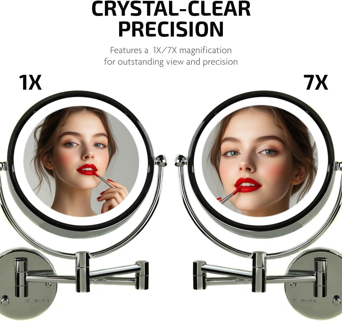 Ovente Wall Mounted Vanity Makeup Mirror 8.5 Inch with 7X Magnification and Natural LED Lights, Double-Sided with Hardwired Electrical Connection