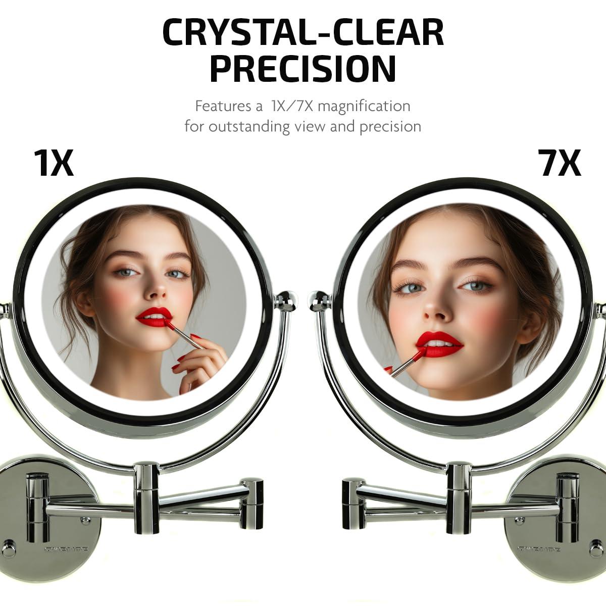 Ovente Wall Mounted Vanity Makeup Mirror 8.5 Inch with 7X Magnification and Natural LED Lights, Double-Sided with Hardwired Electrical Connection