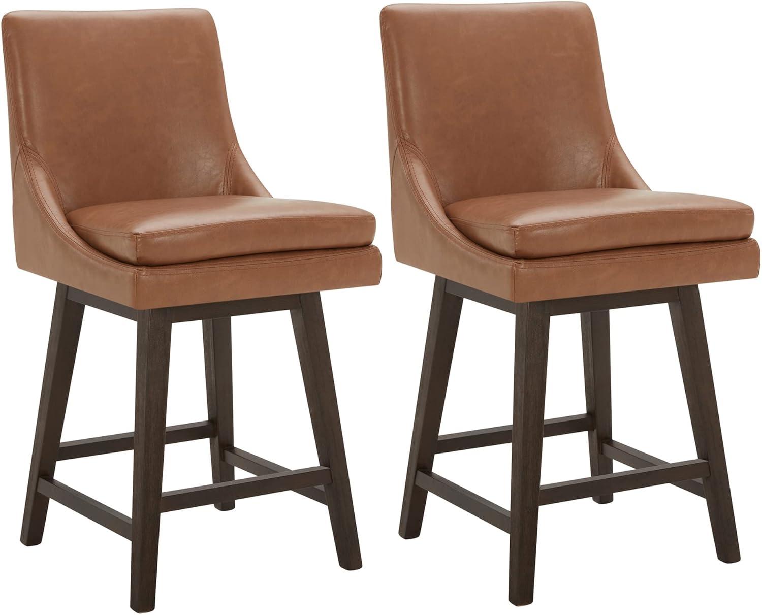 Saddle Brown Faux Leather Swivel Counter Stools with Espresso Wood Frame, Set of 2