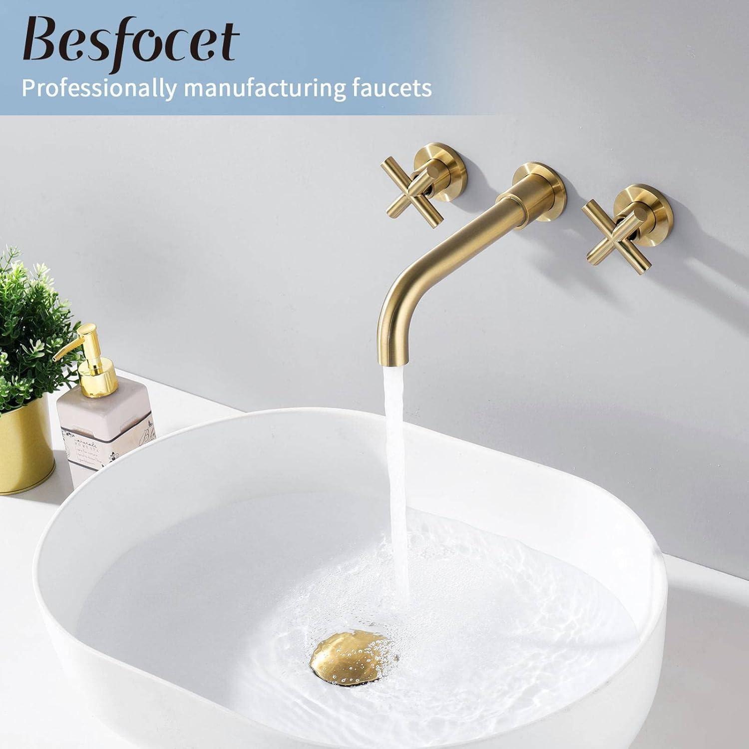 Brushed Gold Wall Mount Bathroom Faucet with Cross Handles