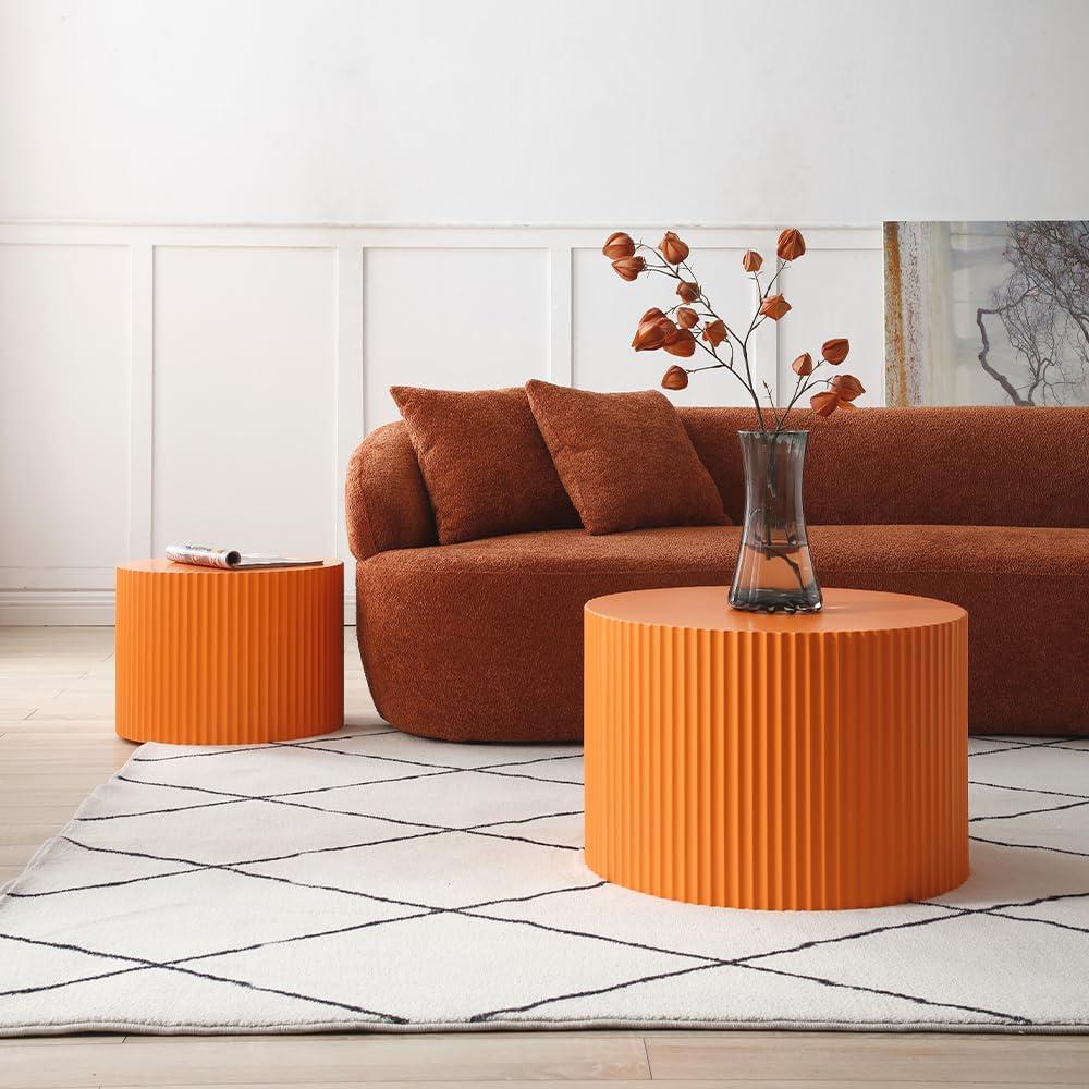 WILLIAMSPACE Nesting Coffee Table Set of 2, Matte Orange Round Wooden Coffee Tables, Modern Luxury Side Tables Accent End Table for Living Room Apartment, 23.62"*23.62"*15.75"H (Orange,Round)