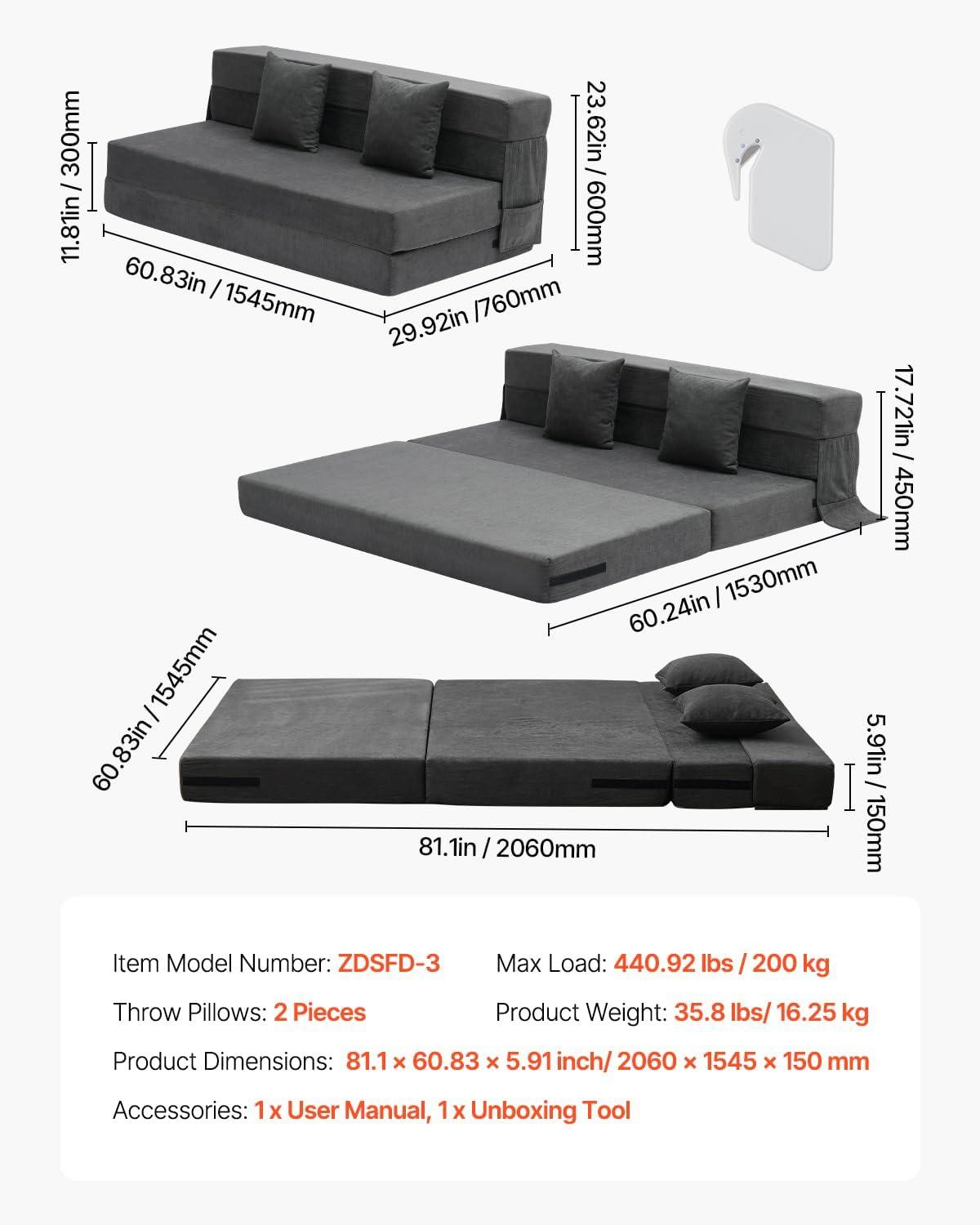 VEVOR Folding Sofa Bed, 3-in-1 Foldable Couch Bed with 2 Pillows and Washable Cover, 25D High Density Memory Foam Sleeper Chair Bed, Dark Grey(Queen)