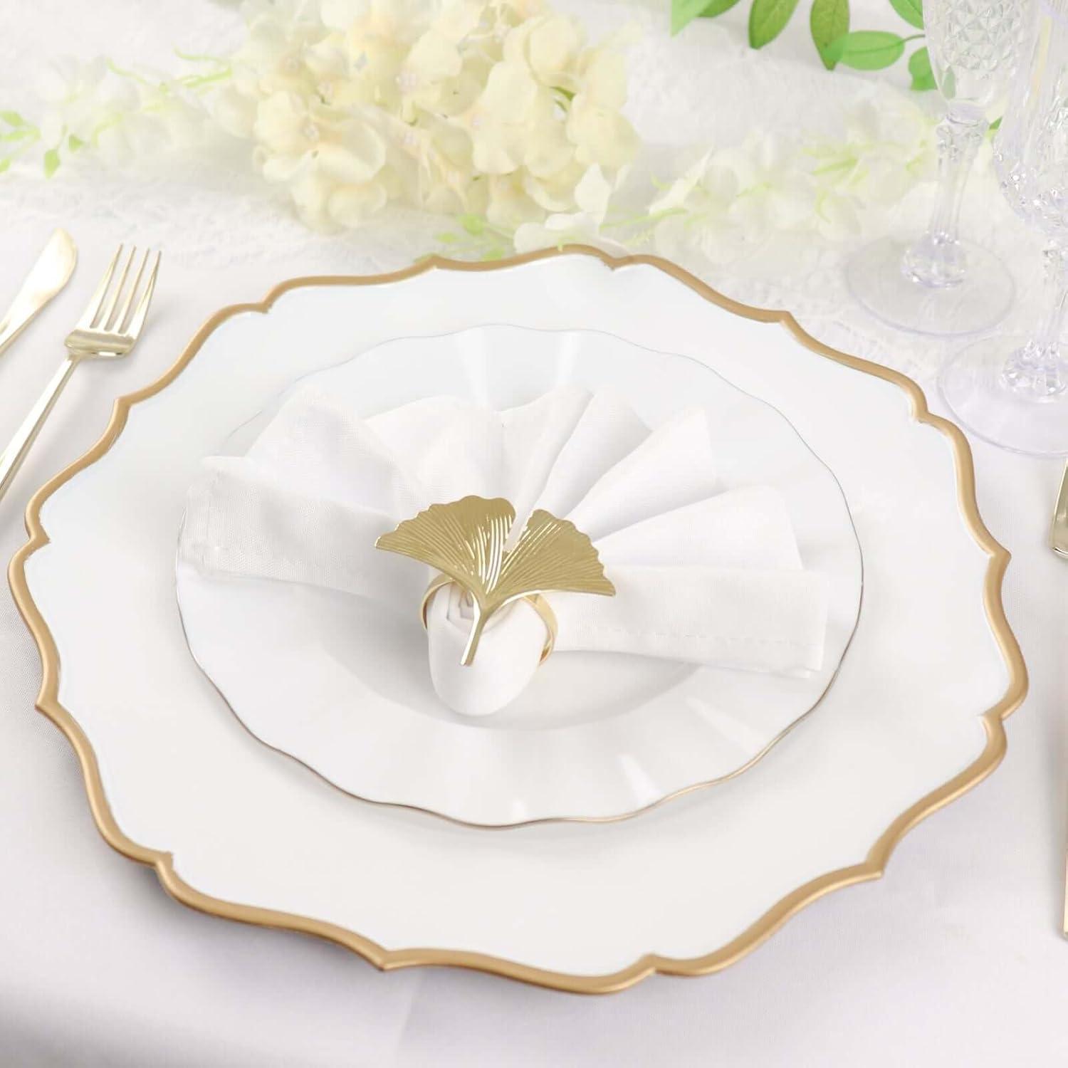 Efavormart 6 Pack | White & Gold 13" Round Scallop Rim Plastic Charger Plates, Tabletop Dinnerware Decor