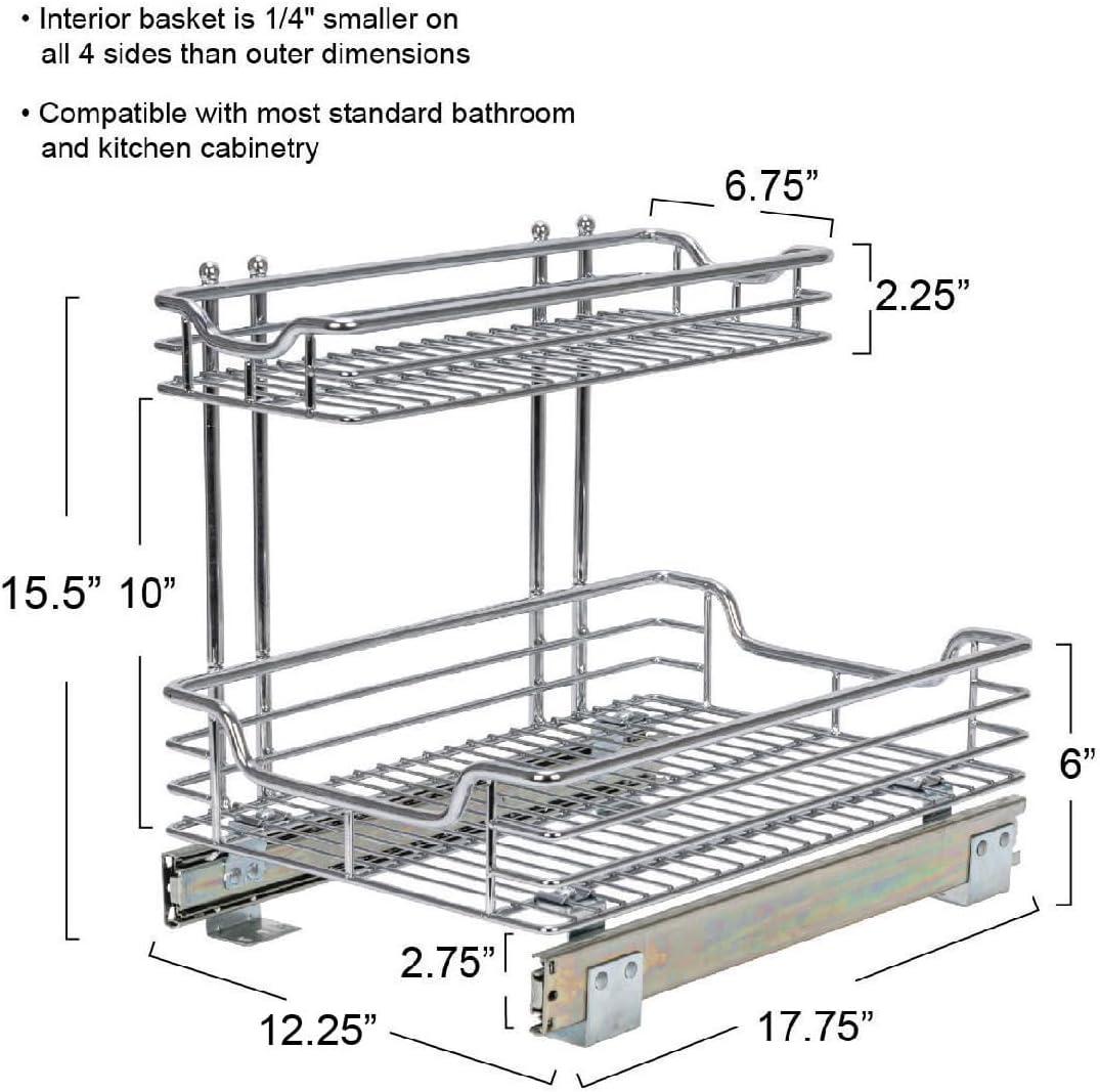 Household Essentials Glidez Multipurpose Chrome-Plated Steel Pull-Out/Slide-Out Storage Organizer for Under Sink or Under Cabinet Use - 2-Tier Design - Fits Standard Size Cabinet or Shelf, Chrome