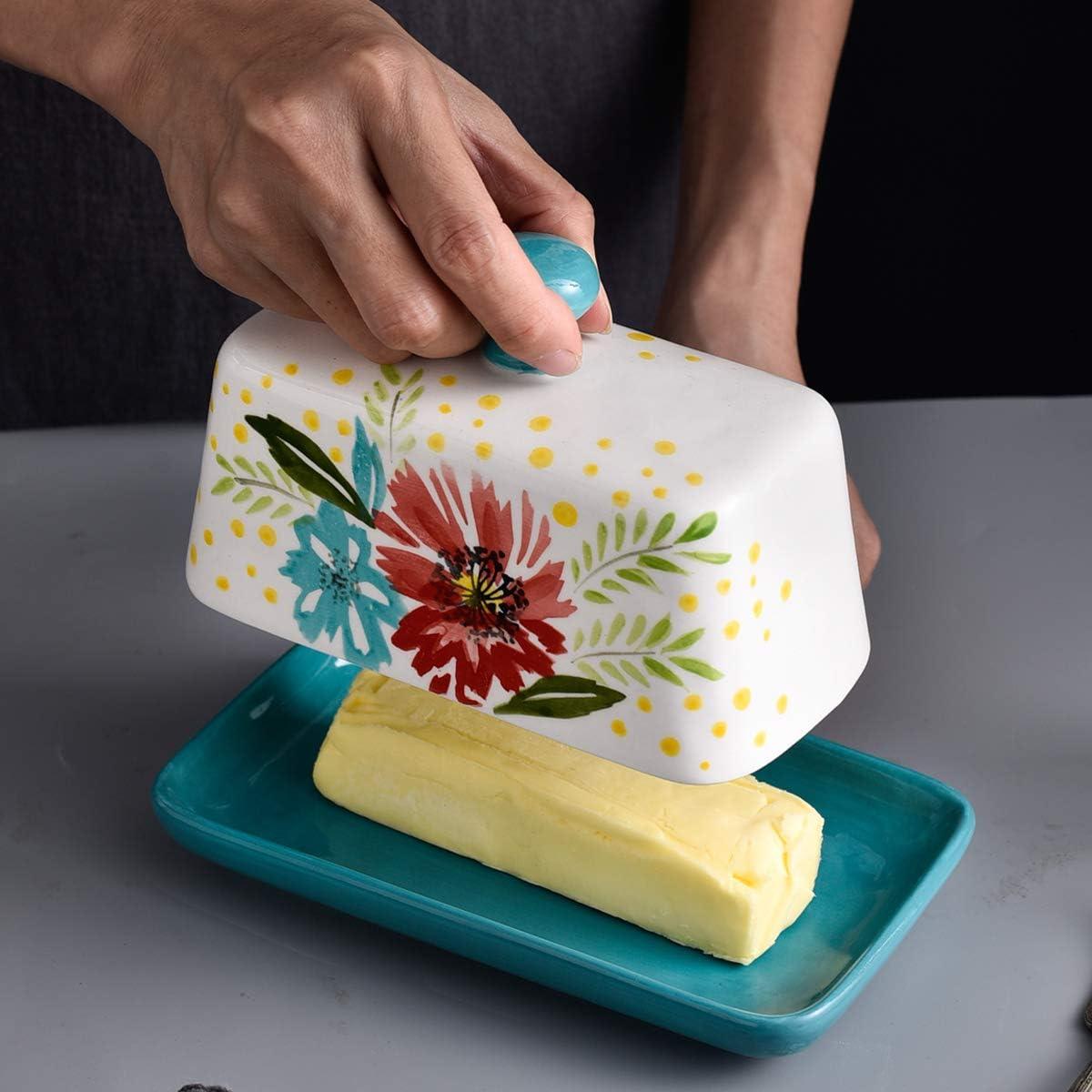 Hand-Painted Floral Ceramic Butter Dish with Lid