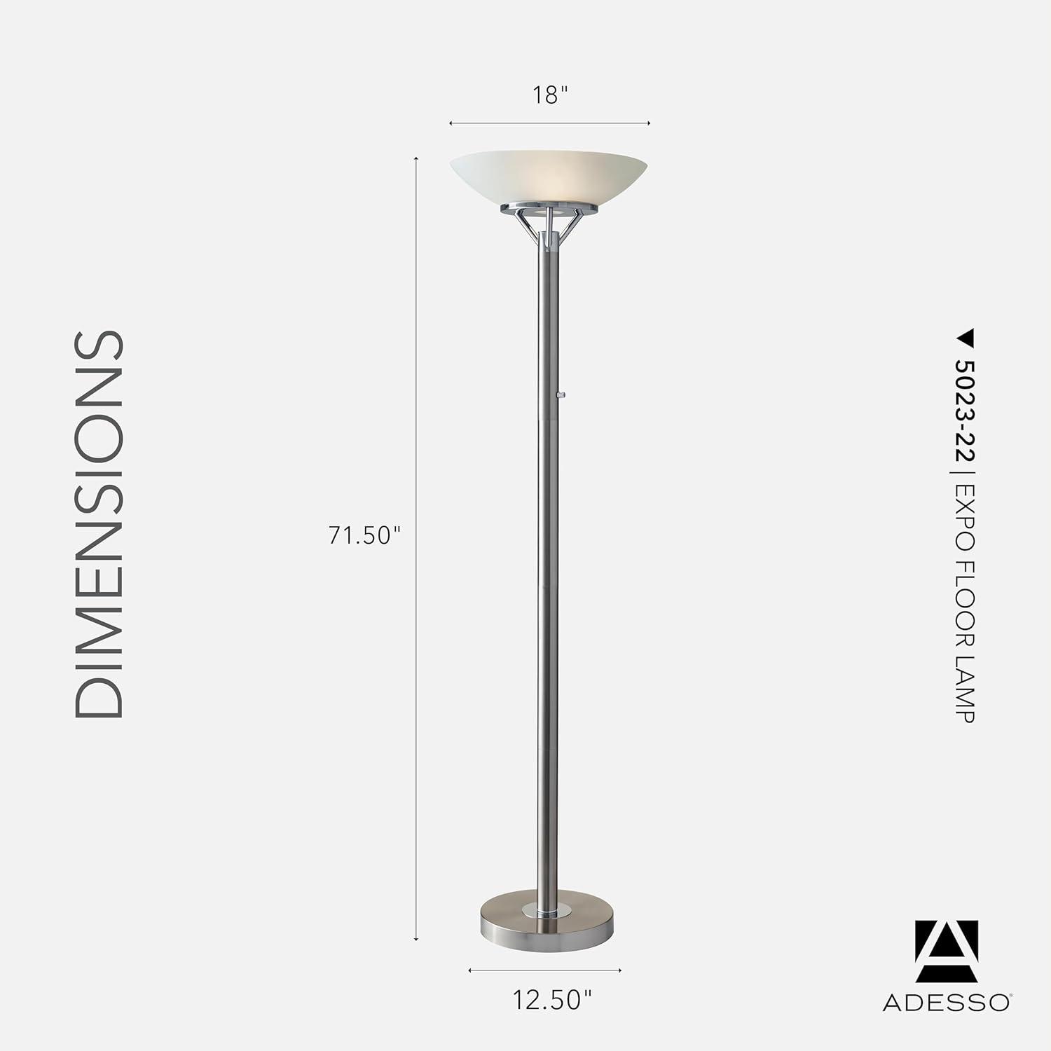 71.5" Expo Floor Lamp Silver - Adesso: ETL Listed, Metal Body, Glass Shade, 2 Sockets, Modern Design