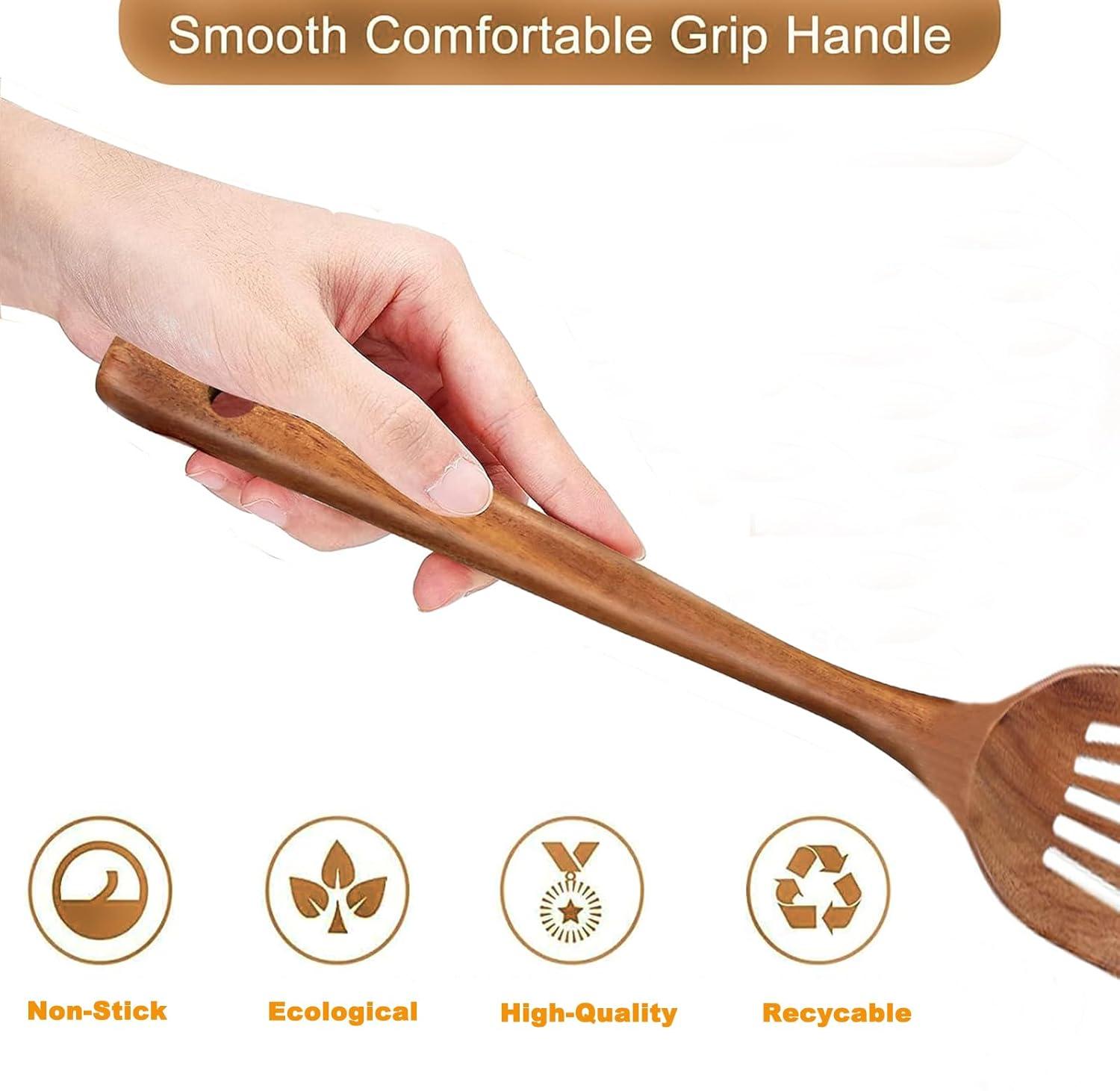 2 Pack Wood Spatula Wooden Turners for Cooking Acacia Wood Cooking Spoon Slotted Turners Wooden Kitchen Utensils Non-stick Kitchen Utensils with Frying Spatula Turner Flipper Spatulas Set